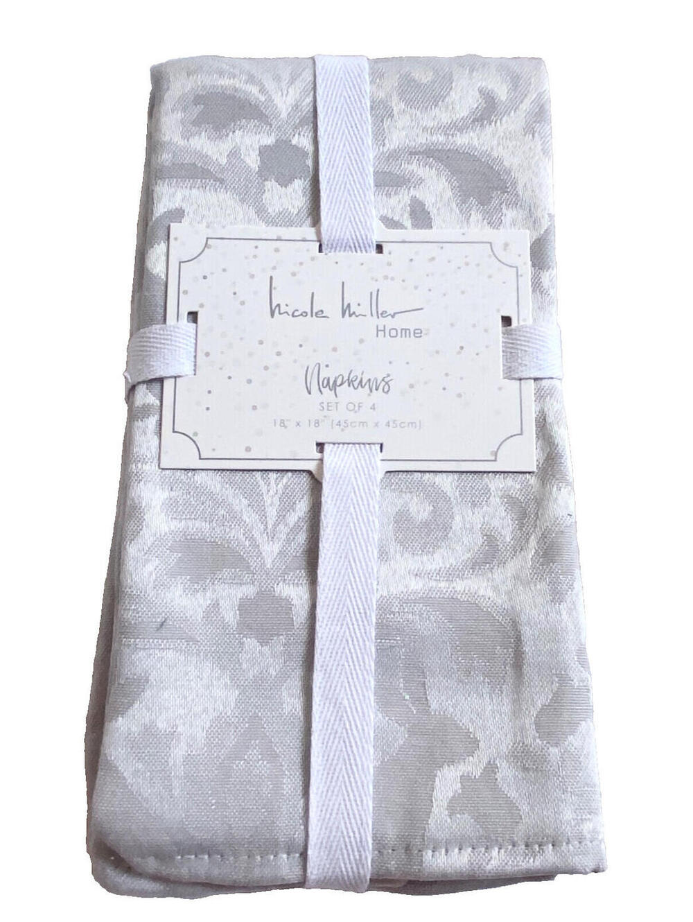NWT Nicole Miller Set of 4 Silver Gray Damask Print Napkins Set 18x18 Cotton
